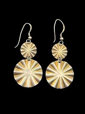 Gold washed sterling silver textured round scalloped dangle vintage earrings